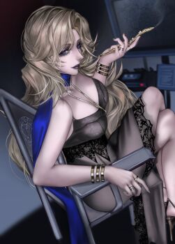1girl armrest bare_legs black_lips blonde_hair blue_eyes breasts chair chlzi156543 cleavage crossed_legs dress eyeshadow high_heels highres holding holding_smoking_pipe indoors jewelry knees_up long_hair makeup monitor necklace path_to_nowhere ring see-through_clothes see-through_dress sitting smoking_pipe solo vautour_bleu_(path_to_nowhere)