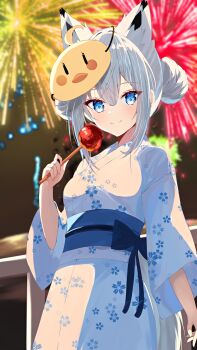 Rule 34 | 1girl, animal ears, azur lane, blue bow, blue eyes, blue sash, bow, candy apple, closed mouth, commentary request, fireworks, food, fox ears, fox girl, hair bun, highres, holding, holding food, japanese clothes, kawakaze (azur lane), kimono, long sleeves, looking at viewer, mask, mask on head, natsuki (natsu 1936), sash, smile, solo, upper body, white hair, white kimono, yukata