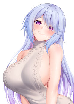 1girl bare_arms bare_shoulders blue_hair blush breasts closed_mouth commentary_request highres large_breasts long_hair looking_at_viewer original purple_eyes sideboob simple_background sleeveless sleeveless_sweater solo sweater turtleneck turtleneck_sweater upper_body virgin_killer_sweater white_background yuunagi_(0217)