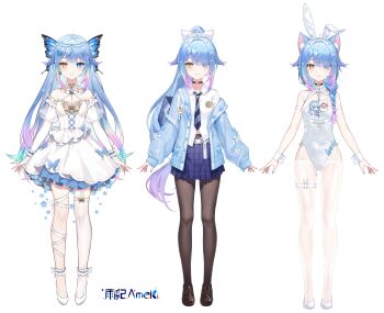 1girl absurdres ahoge alternate_costume ameki_(virtuareal) animal_ears animal_print ankle_garter aqua_hair black_pantyhose blue_butterfly blue_cardigan blue_dress blue_eyes blue_flower blue_gem blue_hair blue_necktie blue_skirt blush bojipiaoji bow braid breasts brown_shoes bug butterfly butterfly_print butterfly_wings cardigan cat_ears character_name closed_mouth collared_shirt commentary_request detached_collar detached_sleeves dress fake_animal_ears flower full_body garter_straps gem gradient_hair groin hair_bow hair_flower hair_ornament head_wings heterochromia highres insect insect_wings juliet_sleeves layered_dress leg_ribbon leotard loafers long_hair long_sleeves looking_at_viewer medium_breasts miniskirt mole mole_under_eye multicolored_hair multiple_views necktie nijisanji o-ring o-ring_thigh_strap official_alternate_costume official_art one_eye_closed pantyhose pearl_hair_ornament pink_hair plaid_clothes playboy_bunny pleated_skirt ponytail puffy_sleeves rabbit_ears ribbon see-through_clothes see-through_sleeves shirt shoes short_dress single_braid single_thighhigh skirt sleeveless sleeveless_dress smile standing tachi-e thigh_strap thighhighs transparent_background two-tone_dress very_long_hair virtual_youtuber virtuareal white_dress white_leotard white_pantyhose white_ribbon white_shirt white_shoes white_thighhighs wings wrist_cuffs yellow_eyes