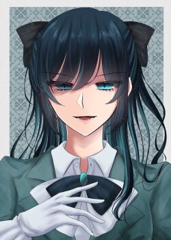 1girl ado_(utaite) black_hair blue_eyes blue_hair border chando_(ado) commentary_request gloves grey_border hand_up highres long_hair mole mole_under_eye outside_border round_one shirt shoko_(gs_music11) solo utaite white_gloves white_shirt