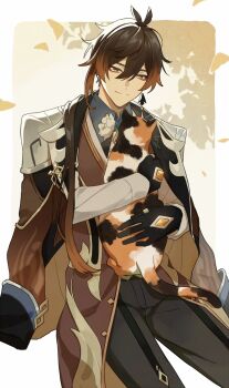 1boy animal animal_ears antenna_hair black_gloves black_hair black_pants border brown_eyes brown_hair brown_jacket brown_vest cat cat_ears cat_tail closed_mouth collared_shirt commentary_request diamond-shaped_pupils diamond_(shape) earrings eyeshadow flower gem genshin_impact ginkgo_leaf gloves gold_ring gradient_hair hair_between_eyes highres jacket jewelry lapels leaf long_hair long_sleeves looking_at_animal low_ponytail makeup male_focus mozu_(modagoro) multicolored_fur multicolored_hair necktie open_clothes open_jacket orange_gem outside_border pants ponytail red_eyeshadow shirt simple_background single_earring sitting smile solo symbol-shaped_pupils tail tassel tassel_earrings vest white_border white_flower white_necktie white_shirt yellow_background zhongli_(genshin_impact)