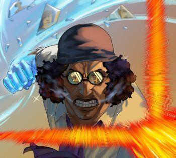 2boys aged_down aokiji_(one_piece) ascot beard_stubble black_hair blue_ascot clenched_hand clenched_teeth commentary devil_fruit_power facial_hair glint hat highres incoming_attack monkey_d._garp multiple_boys one_piece oval_1ce reflection round_eyewear shirt smoke stubble teeth twitter_username white_shirt