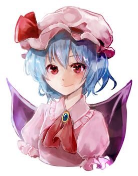 1girl ascot bat_wings blue_hair brooch closed_mouth collared_shirt commentary_request frilled_shirt_collar frills hat hat_ribbon highres jewelry looking_at_viewer minatsuki_yurara mob_cap pink_hat pink_shirt puffy_short_sleeves puffy_sleeves red_ascot red_eyes remilia_scarlet ribbon shirt short_sleeves simple_background smile touhou upper_body white_background wings