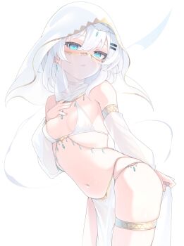 1girl areola_slip bare_shoulders bikini blue_eyes breasts choker commentary_request dancer detached_hood detached_sleeves earrings highres hood hood_up jewelry long_sleeves looking_at_viewer mouth_veil navel open_mouth original otokuyou paid_reward_available puffy_long_sleeves puffy_sleeves ringo-chan_(otokuyou) short_hair simple_background small_breasts solo swimsuit thighlet veil white_background white_bikini white_choker white_hair