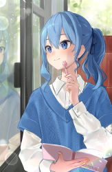 Rule 34 | 1girl, absurdres, alternate costume, alternate hairstyle, blue eyes, blue hair, blue sweater, bus, closed mouth, collared shirt, commentary, facing viewer, hair between eyes, hand up, highres, holding, holding notebook, holding pen, hololive, hoshimachi suisei, lens flare, long sleeves, looking outside, medium hair, motor vehicle, nisi ki no, notebook, pen, ponytail, reflection, shirt, sitting, smile, solo, sweater, upper body, virtual youtuber, white shirt