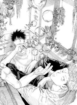 Rule 34 | 2boys, barefoot, bathroom, blowing bubbles, bubble pipe, commentary request, empty bathtub, fushiguro megumi, greyscale, highres, in bathtub, indoors, itadori yuuji, jujutsu kaisen, legs up, looking at viewer, male focus, monochrome, multiple boys, omoti22204872, pants, plant, shirt, short hair, sitting, soles, toes, window