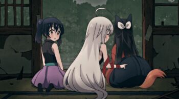 10s 4girls animated animated_gif anime_screenshot ass blue_hair bow chiya_(urara_meirochou) fake_tail hair_bow hakama hakama_skirt hiding japanese_clothes kimono long_hair lowres multiple_girls natsume_nono poking ponytail rain shrine silver_hair skirt tail tail_wagging tatsumi_kon tree urara_meirochou very_long_hair yukimi_koume