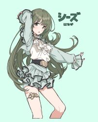 Rule 34 | 1girl, arm up, belt, black belt, black trim, blush, breasts, character name, cowboy shot, cropped legs, dot nose, floating hair, green background, green eyes, green hair, green jacket, green shorts, green skirt, highres, idolmaster, idolmaster shiny colors, jacket, layered skirt, long hair, long sleeves, looking at viewer, medium breasts, nail polish, nanakusa nichika, open clothes, open jacket, open mouth, outstretched arm, red nails, shirt, shorts, shorts under skirt, simple background, skirt, solo, standing, teshima nari, thighlet, white shirt