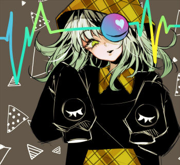 1girl blouse eyeball green_eyes green_hair grey_hair hat heart komeiji_koishi light_smile long_sleeves looking_at_viewer neon_(co2co8) open_mouth shirt simple_background solo third_eye touhou upper_body yellow_hat