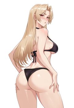 1girl absurdres ass bare_shoulders bikini black_bikini blonde_hair blush breasts brown_eyes cowboy_shot from_behind highres jujutsu_kaisen looking_at_viewer medium_breasts pcharlesart simple_background solo swimsuit tsukumo_yuki_(jujutsu_kaisen) white_background