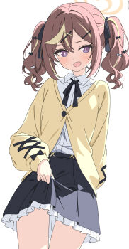Rule 34 | 1girl, black ribbon, black skirt, blonde hair, blue archive, blush, bow, bright pupils, brown hair, cardigan, clothes lift, collared shirt, cowboy shot, foulo paints, frills, hair ornament, hair ribbon, hairclip, halo, highres, holding own skirt, lifting own clothes, long sleeves, looking at viewer, multicolored hair, neck ribbon, open mouth, pleated skirt, purple eyes, rena (blue archive), ribbon, shirt, simple background, skirt, skirt lift, smile, solo, streaked hair, twintails, white background, white pupils, white shirt, x hair ornament, yellow cardigan, yellow halo