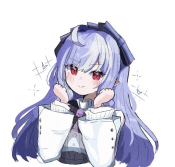 1girl ahoge ascot blush bow bowtie clenched_hands closed_mouth commentary_request cropped_torso gem hairband hands_up heart long_hair looking_at_viewer mole mole_under_eye pepa_xgame pointy_ears purple_ascot purple_bow purple_bowtie purple_gemstone purple_hair purple_hairband red_eyes shrug_(clothing) simple_background smile solo upper_body vivian_banshee white_background white_shrug zenless_zone_zero