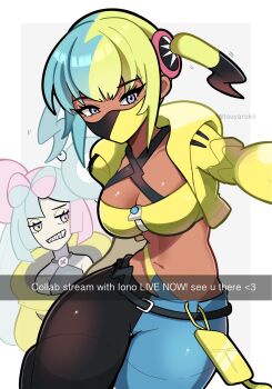 2girls blonde_hair breasts canari_(pokemon) cleavage crop_top dark-skinned_female dark_skin english_text highres iono_(pokemon) large_breasts midriff multicolored_hair multiple_girls navel nintendo pink_hair pokemon pokemon_legends:_z-a pokemon_sv solo_focus touyarokii twintails two-tone_hair