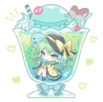 1girl :o aqua_bow black_footwear black_hat bow buttons cherry chibi collared_shirt commentary diamond_button eyebrows_hidden_by_hair eyelashes food frilled_shirt_collar frilled_sleeves frills fruit glass green_eyes green_hair hair_between_eyes hamonika_monika hat hat_ribbon heart ice_cream in_food knees_together_feet_apart knees_up komeiji_koishi light_blush long_sleeves parfait ribbon shirt sitting solo spoon third_eye touhou tsurime wide_sleeves yellow_ribbon yellow_shirt