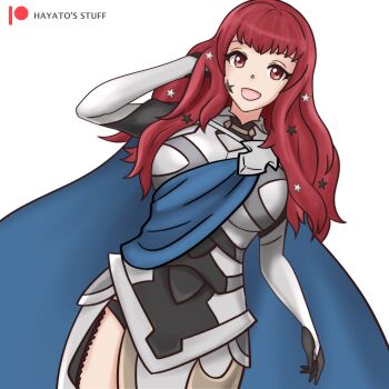Rule 34 | 1girl, absurdres, alternate costume, blue cape, blue sash, breasts, cape, cosplay, facial mark, female corrin (fire emblem), female corrin (fire emblem) (cosplay), fire emblem, fire emblem engage, fire emblem fates, hair ornament, hayato stuff, highres, long hair, looking at viewer, medium breasts, nintendo, red eyes, red hair, sash, smile, solo, star (symbol), star facial mark, star hair ornament, thighs, yunaka (fire emblem)