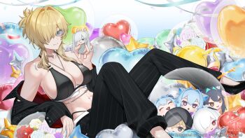 Rule 34 | 1girl, artist name, balloon, bare shoulders, bikini, black bikini, black hair, black jacket, black pants, black shoes, blonde hair, blue eyes, blue hair, breasts, character doll, choker, cinderella (nikke), cleavage, closed mouth, collarbone, commentary request, cross, doll, english text, formal clothes, glasses, goddess of victory: nikke, grave (beautiful you) (nikke), grave (nikke), gretel (nikke), hair between eyes, hair intakes, hair over one eye, hansel (nikke), heart balloon, highleg, highleg bikini, highres, holding, holding doll, jacket, large breasts, leather bikini, little mermaid (nikke), lying, multiple scars, navel, necklace between breasts, official alternate costume, official alternate hairstyle, pants, pinstripe jacket, pinstripe pants, pinstripe pattern, pinstripe suit, ponytail, scar, scar on stomach, shoes, short ponytail, sidelocks, sitting, smile, solo, star balloon, suit, swimsuit, white hair, yazuki (n y 0714)