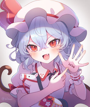 Rule 34 | 1girl, 2026, 60mai, :d, bat wings, blue hair, chinese zodiac, collared shirt, commentary, double-parted bangs, fang, frilled shirt collar, frills, hair between eyes, hat, horse, mob cap, open mouth, pink hat, pink shirt, puffy short sleeves, puffy sleeves, red eyes, remilia scarlet, shirt, short hair, short sleeves, simple background, slit pupils, smile, solo, touhou, toy, twitter username, upper body, v-shaped eyebrows, white background, wings, wrist cuffs, writing on hand