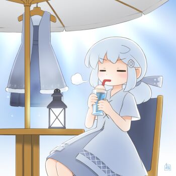 1girl artist_logo blue_bow blue_shirt blue_skirt bow closed_eyes commentary_request crystal_hair_ornament cup drinking drinking_glass food holding holding_cup ice_cream ice_cream_float kitagawa_suigetsu lantern logo low_ponytail lumiricca_(kitagawa_suigetsu) original ponytail shirt sitting skirt snort solo table two-tone_bow white_bow white_hair