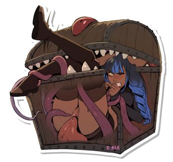 1girl black_hair black_thighhighs blue_hair blunt_bangs clenched_teeth cunnilingus d-rex dark-skinned_female dark_skin drill_hair long_hair midriff mimic mimic_chest multicolored_hair oral original pussy restrained sharp_teeth solo teeth tentacles thighhighs transparent_background treasure_chest two-tone_hair uncensored x-ray yellow_eyes