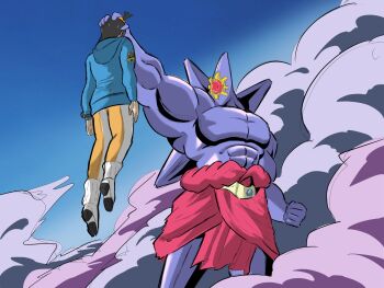 1boy 1girl abs artist_request biceps black_hair blue_hoodie broly_(dragon_ball_z) broly_(dragon_ball_z)_(cosplay) colored_skin cosplay cube_hair_ornament dragon_ball dragonball_z earclip full_body gem gen_1_pokemon hair_ornament happy highres hood hood_down hoodie jacket leggings lida_(pokemon) long_hair mega_pokemon mega_starmie muscular nintendo no_eyes open_mouth orange_leggings outdoor_shower parody pectorals pokemon pokemon_(creature) pokemon_legends:_z-a pun purple_skin red_gemstone ribbed_socks shirt shoes simple_background size_difference skipping socks starfish starmie topknot two-tone_legwear white_leggings wispy_bangs