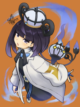 1girl :o belt belt_buckle black_dress black_hair blue_gloves bob_cut buckle chandelure coat dated dress gen_5_pokemon gloves gradient_hair gwynn_(pokemon) hat highres long_sleeves looking_at_viewer multicolored_hair nintendo o-ring o-ring_belt open_clothes open_coat open_mouth orange_background partially_fingerless_gloves pokemon pokemon_(creature) pokemon_legends:_z-a purple_eyes purple_hair short_hair signature white_coat wide_sleeves yoshitatsu_ousuke