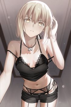 1girl absurdres artoria_pendragon_(fate) bare_shoulders black_bra black_camisole black_panties black_shorts blonde_hair bra breasts camisole cleavage commentary english_commentary fate/grand_order fate_(series) garter_belt highres lace lace-trimmed_bra lace_trim long_hair longdq3008 looking_at_viewer low_ponytail medium_breasts panties ponytail saber_alter saber_alter_(ver._shinjuku_1999) short_shorts shorts sidelocks solo thighs underwear yellow_eyes