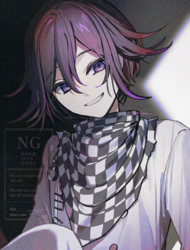 Rule 34 | 1boy, buttons, checkered clothes, checkered scarf, commentary, danganronpa (series), danganronpa v3: killing harmony, film grain, flipped hair, hair between eyes, huyuharu0214, knee up, long sleeves, looking at viewer, male focus, oma kokichi, purple eyes, purple hair, ringed eyes, scarf, short hair, sidelighting, sitting, smile, smirk, solo, teeth, two-tone scarf, upper body, watermark