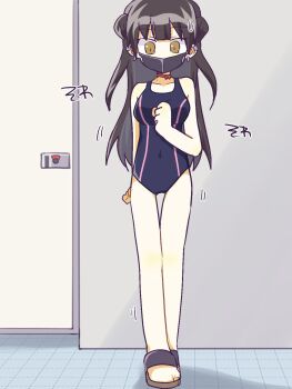 1girl arm_behind_back black_hair black_mask blunt_bangs brown_eyes covered_erect_nipples covered_mouth ear_piercing full_body highres konata_(kankin_jk) long_hair mask mishiranu_joshikousei_ni_kankin_sareta_mangaka_no_hanashi mouth_mask nm_shirasu one-piece_swimsuit piercing public_restroom sandals solo standing swimsuit toilet_stall
