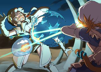 2girls apron blue_dress bone brown_hair cat_tail clenched_teeth commentary desert dress drip_(vanillaklein) english_commentary gloves glowing hat highres laser maid maid_apron mixed-language_commentary monster_girl multiple_girls night orange_hair original outdoors rock severed_arm severed_limb slime_girl standing stevia_(vanillaklein) tail tail_ornament tail_ring teeth torn_clothes twintails vanillaklein white_apron white_gloves white_hat yellow_eyes