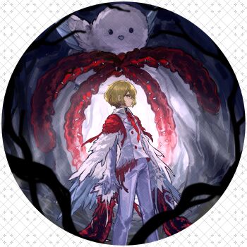 1boy absurdres backlighting bird blonde_hair body_horror chinese_commentary e.g.o_(project_moon) feathered_wings forest formal_clothes from_side highres limbus_company looking_at_viewer male_focus nature necktie pants plant project_moon punishing_bird red_necktie sharp_teeth shirt short_hair sinclair_(project_moon) standing suit teeth vines watermark watermark_grid white_bird white_pants white_shirt white_suit wings yellow_eyes zhishi_tui_tuhao