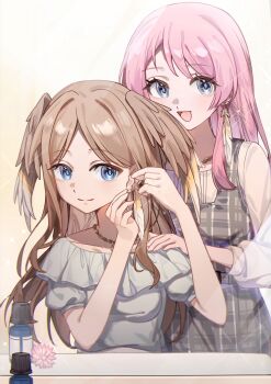 Rule 34 | 2girls, absurdres, artist request, bang dream!, bang dream! it's mygo!!!!!, blue eyes, brown hair, chain, chain necklace, chihaya anon, chinese commentary, closed mouth, commentary request, commission, dress, earrings, feather earrings, feathers, glint, grey dress, grey eyes, heart, highres, jewelry, long hair, mirror, multiple girls, nagasaki soyo, necklace, open mouth, pinafore dress, pink hair, plaid clothes, plaid dress, second-party source, shirt, short sleeves, sidelocks, sleeveless, sleeveless dress, three-quarter sleeves, white shirt