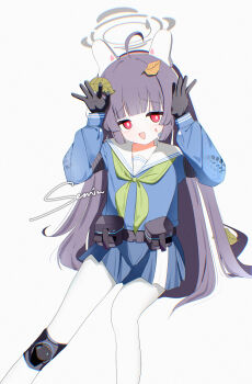 1girl absurdres ahoge animal_ears black_hair blue_archive blush fake_animal_ears halo highres leaf leaf_on_head long_hair long_sleeves looking_at_viewer miyu_(blue_archive) nem_ren open_mouth pantyhose rabbit_ears red_eyes school_uniform serafuku shirt skirt smile solo white_pantyhose