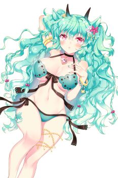 1girl :o animal_ears aqua_bikini aqua_hair aqua_nails armlet bad_anatomy bad_leg bangle bare_shoulders bikini blush bracelet braid breasts dutch_angle female_focus flower front-tie_bikini_top front-tie_top gem groin hair_flower hair_ornament highres horns jewelry large_breasts long_hair looking_at_viewer manle nail_polish navel official_art pink_eyes qiyou_(soccer_spirits) quad_tails shine side-tie_bikini_bottom side_braid soccer_spirits solo swimsuit swimsuit_qiyou tattoo transparent_background underboob very_long_hair wavy_hair