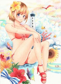 1girl absurdres bikini blue_eyes blush bow bow_bikini breasts brown_hair bug butterfly closed_mouth collarbone commentary_request coral fish flower full_body hair_flower hair_ornament hands_on_own_knee hat hat_bow high_heel_sandals high_heels highres insect knees_up lighthouse looking_at_viewer marker_(medium) medium_breasts midori_(mira567) orange_flower original purple_flower red_bikini red_flower red_sandals sandals short_hair side-tie_bikini_bottom simple_bird sitting smile solo sparkle sunflower swept_bangs swimsuit traditional_media unworn_hat unworn_headwear white_hat yellow_flower