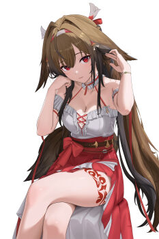 Rule 34 | 1girl, absurdres, animal ears, bare shoulders, bracelet, breasts, brown hair, cleavage, commentary, crossed legs, detached sleeves, fox ears, fox girl, fox tail, hair intakes, highres, ir who, jewelry, large breasts, long hair, looking at viewer, red eyes, red skirt, simple background, sitting, skirt, solo, tail, very long hair, white background, white skirt, ye shunguang, zenless zone zero