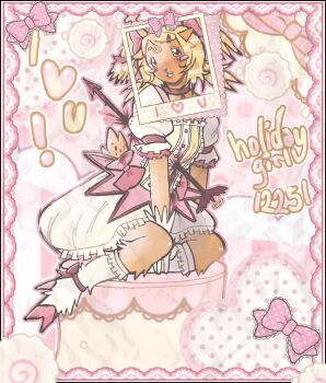 absurdres arrow_through_heart blonde_hair blood blush_stickers border cosplay deltarune highres holidaygirl12251 hooves kaname_madoka kaname_madoka_(cosplay) magical_girl mahou_shoujo_madoka_magica mahou_shoujo_madoka_magica_(anime) noelle_holiday photo_(object) pink_border reindeer_girl stab utdr_(toby_fox) yellow_eyes