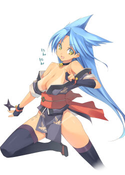 1girl asymmetrical_gloves bare_shoulders bell black_thighhighs blue_hair breasts choker cleavage elbow_gloves female_focus fingerless_gloves gloves holding japanese_clothes jingle_bell large_breasts long_hair looking_at_viewer mismatched_gloves neck_bell off_shoulder open_mouth rance_(series) sengoku_rance shingo_(missing_link) shuriken simple_background single_elbow_glove smile solo standing standing_on_one_leg suzume_(rance) tan tanline thighhighs translation_request weapon white_background yellow_eyes