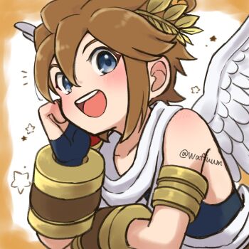 1boy :d ahoge angel angel_wings armlet blue_eyes bracer brown_hair feathered_wings fingerless_gloves gloves gold_armlet jewelry kid_icarus kid_icarus_uprising laurel_crown looking_at_viewer male_focus nintendo open_mouth orange_background scarf short_hair sidelocks single_bare_shoulder smile solo spiked_hair star_(symbol) twitter_username waffuum white_scarf white_wings wings