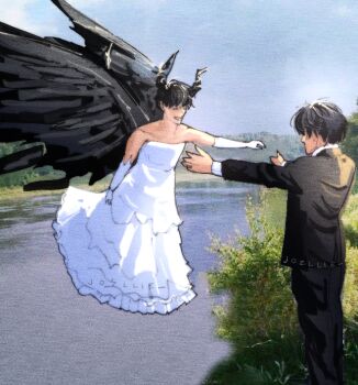 2boys black_hair black_wings bridal_gauntlets commentary demon_horns dress english_commentary feathered_wings grin horns jozllie kim_dokja male_focus multiple_boys omniscient_reader's_viewpoint outstretched_arms photo_background short_hair smile tuxedo_jacket white_dress wings yaoi yoo_joonghyuk