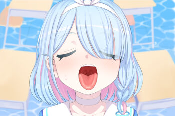 1girl aqua_hair arona_(blue_archive) blue_archive blurry blurry_background blush braid chair choker closed_eyes collarbone depth_of_field desk ears hair_over_one_eye hairband kumadano mouth_focus multicolored_hair nose open_mouth oral_invitation pink_hair sailor_collar school_chair school_desk school_uniform serafuku side_braid solo sweat sweatdrop table tablet_pc teeth tongue tongue_out upper_body upper_teeth_only uvula waiting_for_cum water white_choker white_sailor_collar
