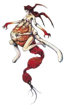 1girl big_belly brown_hair claws eve_(parasite_eve) extra_arms extra_breasts extra_nipples hands_on_own_stomach holding_stomach horns long_arms long_hair monster_girl navel nipples nomura_tetsuya official_art pale_skin parasite_eve_(series) parasite_eve_i pregnant red_hair solo tail veins