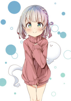 1girl alternate_costume alternate_hairstyle blush braid closed_mouth commentary_request feet_out_of_frame fingernails green_eyes grey_hair hand_on_own_chest highres hitodama konpaku_youmu konpaku_youmu_(ghost) long_sleeves looking_at_viewer no_pants pegashi red_sweater short_hair side_braid sleeves_past_wrists smile solo sweater touhou turtleneck turtleneck_sweater twintails white_background wispy_bangs