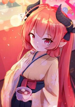 1girl ahoge black_bow black_hakama black_horns blue_archive blunt_ends blurry blurry_background blush bow bowl commentary_request cowboy_shot dango demon_girl demon_horns dual_wielding dutch_angle festival floral_print floral_print_kimono food food_on_face hair_between_eyes hair_bow hakama halo hand_up highres holding holding_bowl holding_food horns japanese_clothes junko_(blue_archive) junko_(new_year)_(blue_archive) kimono long_hair long_sleeves looking_at_viewer official_alternate_costume open_mouth outdoors pointy_ears print_kimono red_eyes red_hair red_halo shaketamago sidelighting sidelocks solo twintails very_long_hair wagashi wide_sleeves yellow_kimono