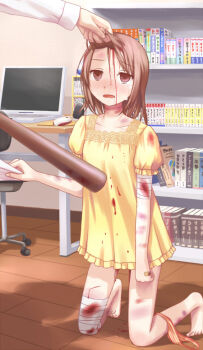 1girl abuse bandages bandaid barefoot baseball_bat beaten blood bookshelf brown_hair bruise clothes_pull computer computer_keyboard defloration dress feet flat_chest grabbing_another's_hair guro holding_another's_hair injury kneeling looking_up non-web_source pain pajamas panties panties_around_leg rape shirt_pull solo_focus stain strangulation_mark striped_clothes striped_panties tears underwear violence weapon yuyuzuki_(yume_usagi)