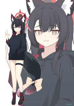 1girl :3 absurdres alternate_costume animal_ears bare_legs black_hair black_halo black_hoodie blue_archive blush boots bow breasts casual commentary_request eyeshadow fang fox_ears fox_girl fox_shadow_puppet fox_tail gradient_tail hair_between_eyes hair_bow halo hand_in_pocket hand_up high_heel_boots high_heels highres hood hood_down hoodie makeup medium_breasts multicolored_hair multicolored_halo no_pants red_bow red_eyeshadow red_hair red_halo siranui_desu skindentation solo tail tail_bow tail_ornament thigh_strap thighs two-tone_hair two-tone_halo wakamo_(blue_archive) yellow_eyes