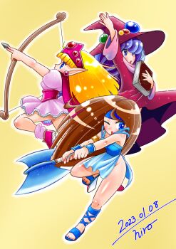 3girls arm_up armlet armor arrow_(projectile) artist_name axe battle_axe blonde_hair blue_armor blue_eyes blue_headband book bow_(weapon) bracer brown_hair commentary_request dated diane_(monster_maker) drawing_bow dress earrings gladiator_sandals hand_up hat headband headpiece hiro68 holding holding_axe holding_book holding_bow_(weapon) holding_weapon jewelry loincloth long_hair loose_socks lorien_(monster_maker) monster_maker multiple_girls one_eye_closed open_mouth pink_dress pink_shoes pink_socks pointy_ears puffy_short_sleeves puffy_sleeves purple_hair red_dress red_hat rufia_(monster_maker) sandals shoes short_dress short_sleeves socks two-handed very_long_hair weapon witch_hat