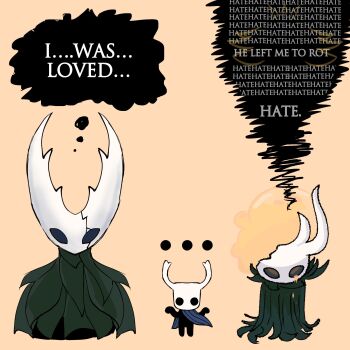 Rule 34 | ..., 3others, black skin, blue cloak, broken vessel (hollow knight), cloak, colored skin, cracked mask, dripping eye, english text, facing viewer, glowing, glowing eyes, green cloak, hands up, highres, hollow eyes, hollow knight, hollow knight (character), horned mask, horns, knight (hollow knight), liquid from eyes, looking at viewer, looking down, mask, multiple others, mutation, orange background, orange eyes, shrugging, simple background, speech bubble, straight-on, thought bubble, white mask, yeetabix, yellow liquid