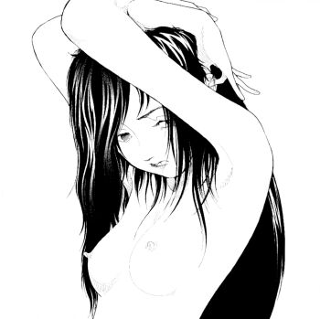 1girl album_cover arms_behind_head arms_up black_hair breasts clenched_teeth collarbone completely_nude cover greyscale hair_over_breasts hair_over_one_breast hair_over_one_eye hatching_(texture) highres linear_hatching long_hair looking_at_viewer medium_breasts midori_(band) monochrome nipples nude official_art pinching_gesture solo teeth yamamoto_naoki