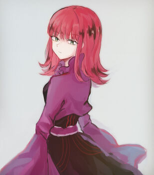 Rule 34 | 1girl, alternate costume, black dress, commentary, dress, frilled dress, frilled shirt collar, frills, green eyes, grey background, highres, katori youko, long hair, looking at viewer, looking back, multicolored dress, purple dress, red hair, uroku6, wide sleeves, world trigger